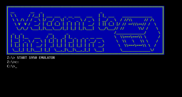 Retro computer artwork reading Welcome to the Future, with a blue and yellow terminal graphic